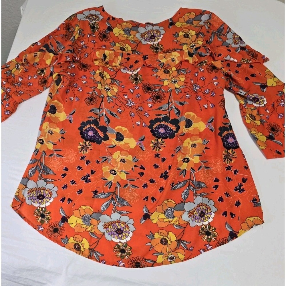 Sunny Leigh Women's XL Orange Floral Blouse Ruffle 3/4 Sleeves - Picture 8 of 8
